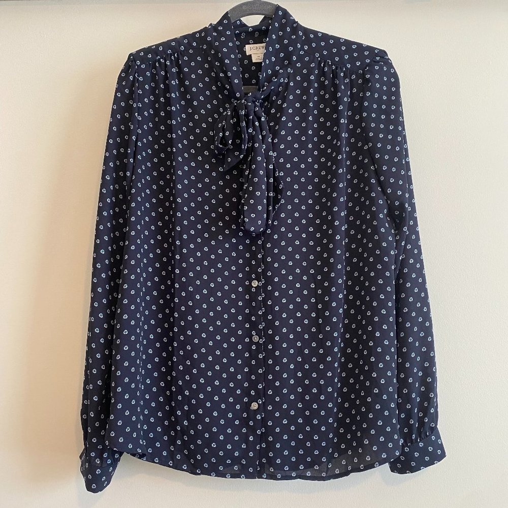 J. Crew Navy Tie Neck Blouse